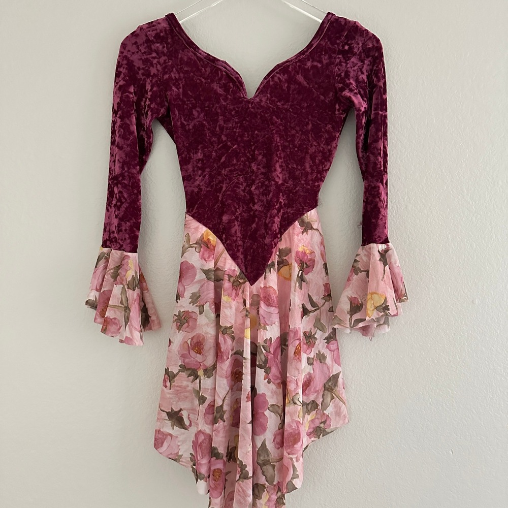 Curtain Call Costumes Lyrical Dance Dress XS Burgundy Velvet Floral Chiffon